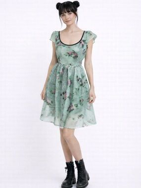 ALICE’S PIG Mesh Floral Fit & Flare Babydoll Dress Short Sleeve Mint Green US 2